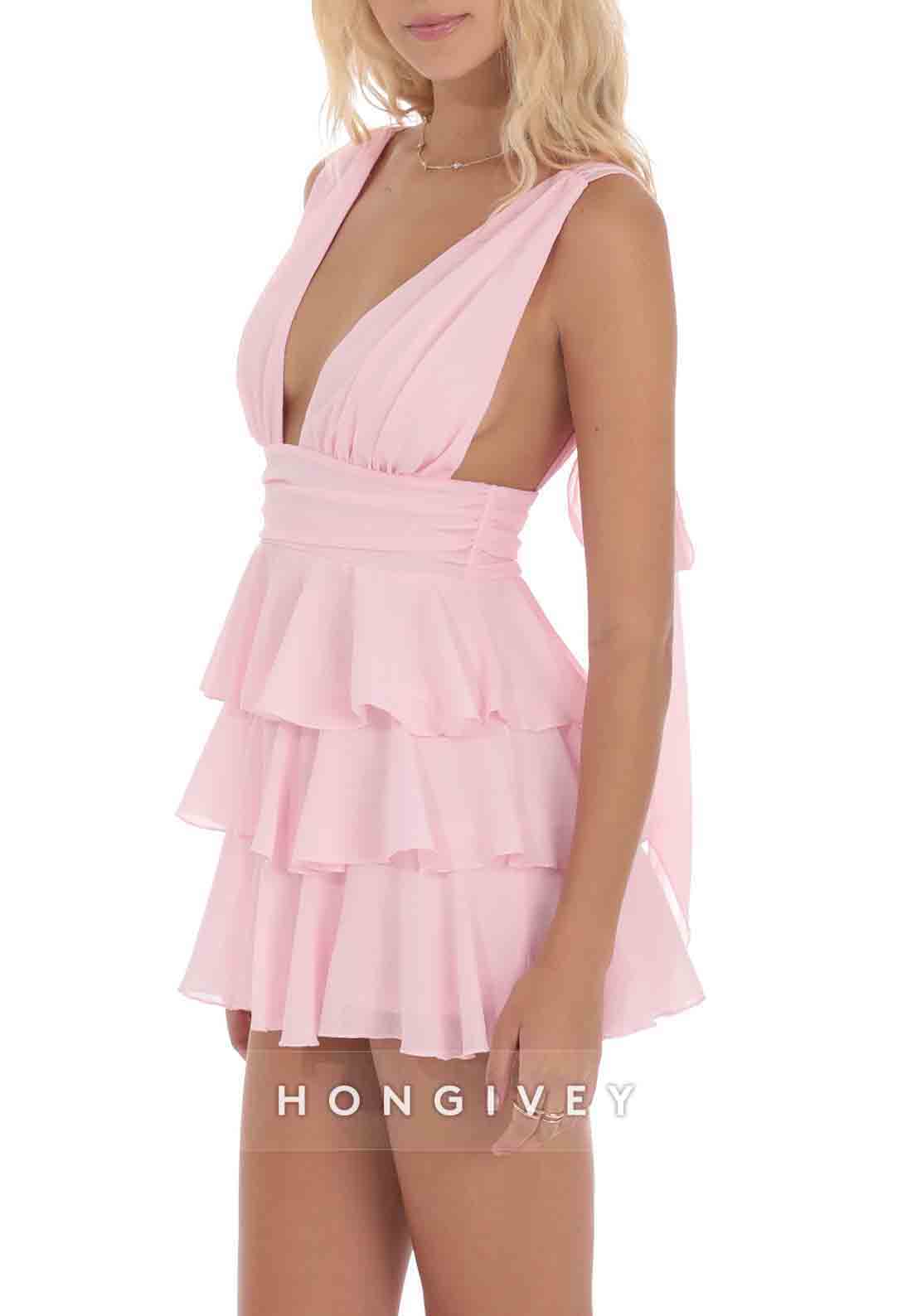 Low V-Neck A-Line Regular Straps Sleeveless Ruched Mini Homecoming Dresses