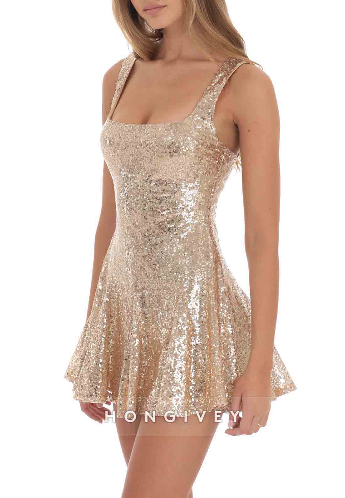 Glitter Square Neck A-Line Regular Straps Low Back Mini Homecoming Dresses