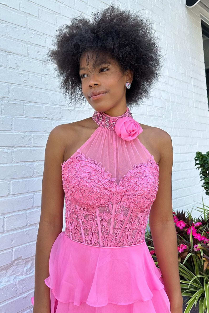Pink A-Line Halter Neck Lace Top Long Tiered Chiffon Prom Dress