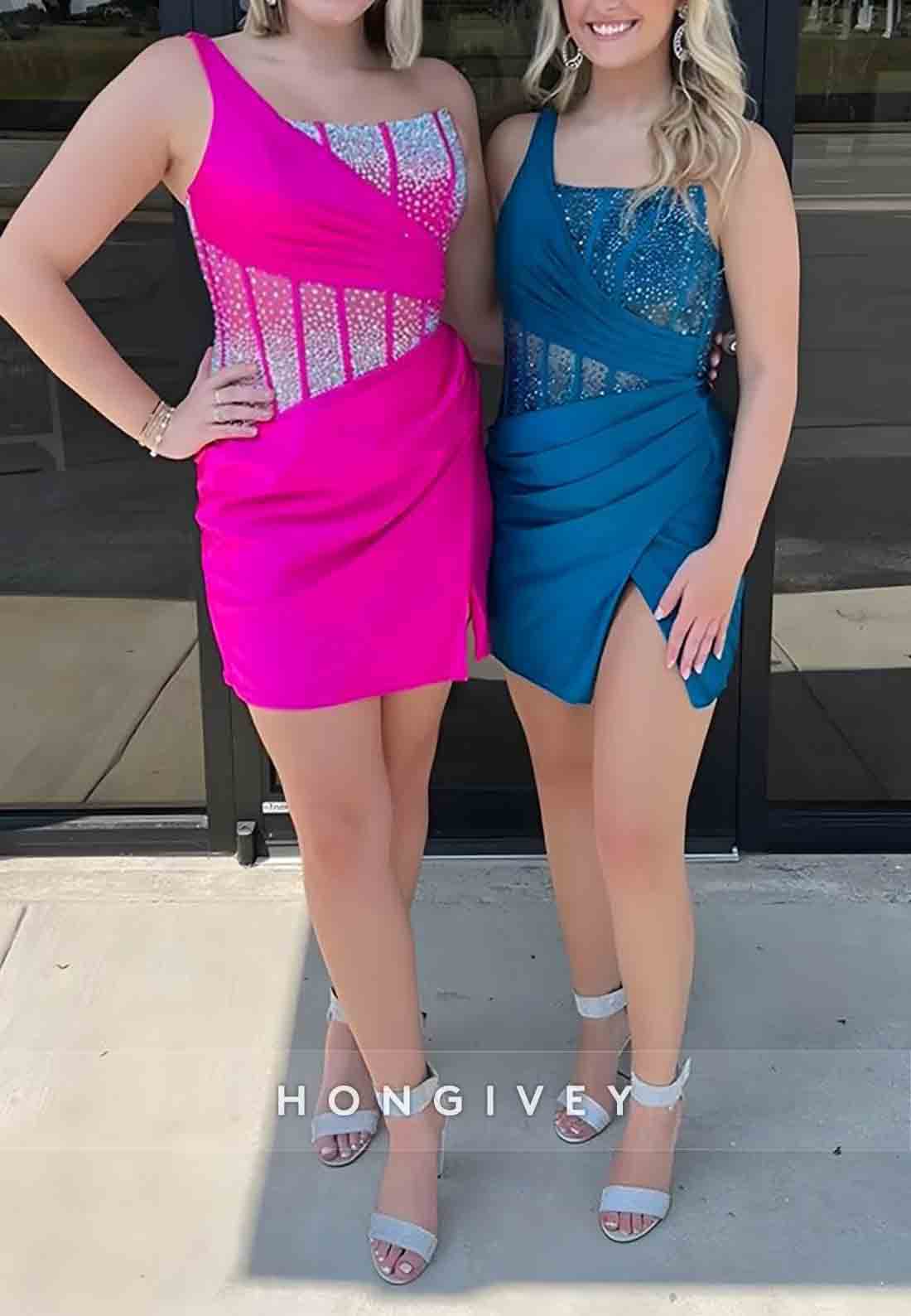 One Shoulder Elastic Satin Sleeveless Sheath Side Slit Low Back Mini Homecoming Dresses