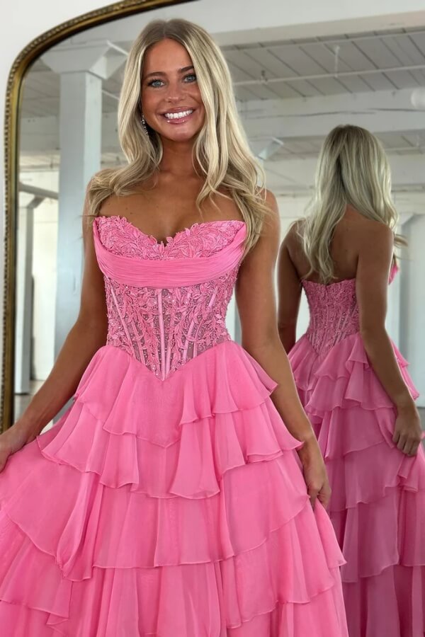 Pink Chiffon Tiered A Line Strapless Sweetheart Neck Prom Dresses With Slit