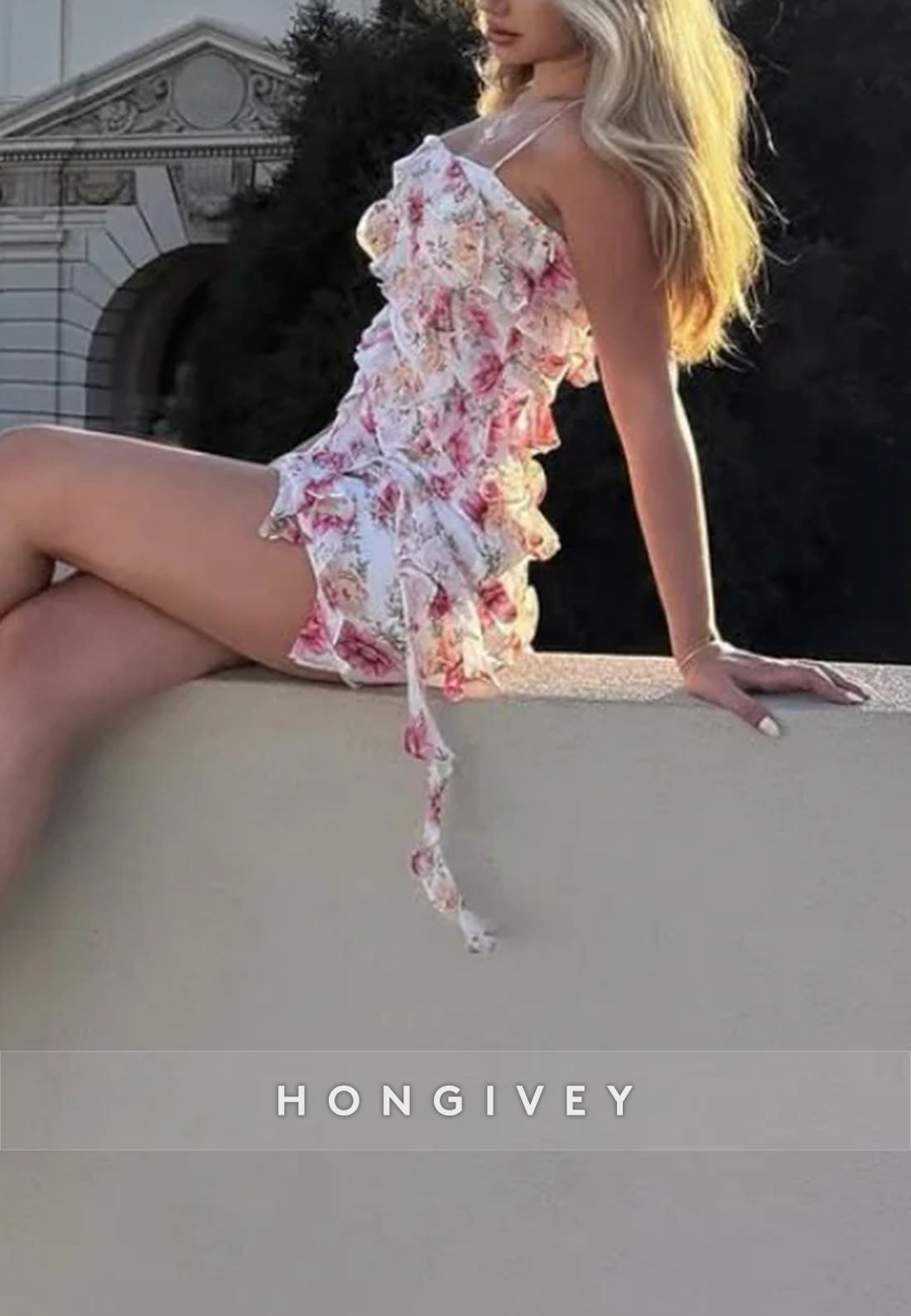 Pink Floral Square Neck Ruffle Spaghetti Straps Mini Homecoming Dress