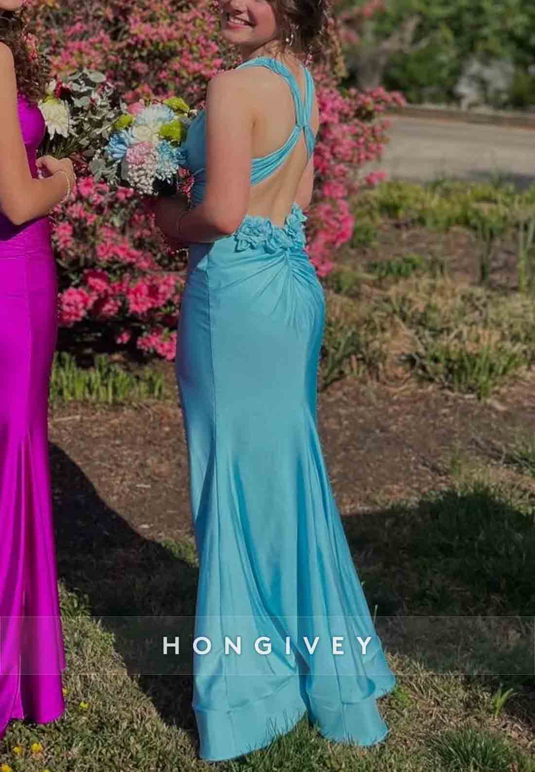 Plunge neck Blue Cut-out Mermaid Long Dress with Rosette