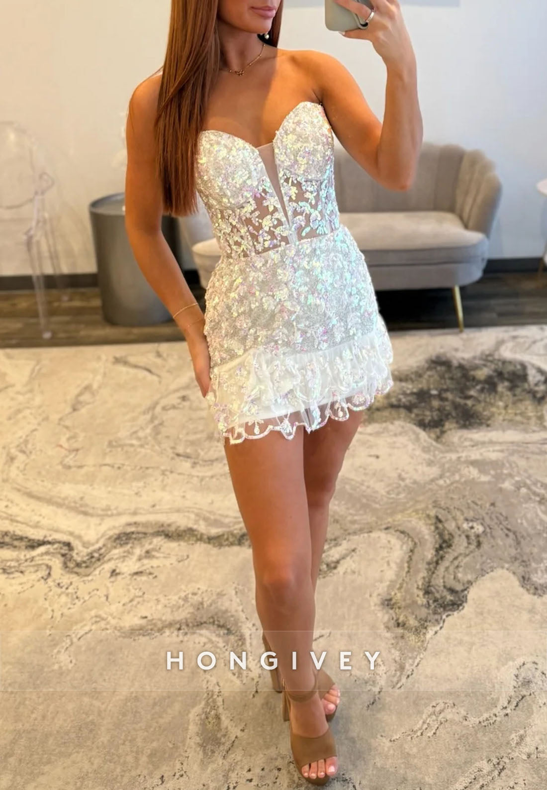 Sweetheart Pink Strapless Sheath Mini Homecoming Dress with Ruffle and Sequins