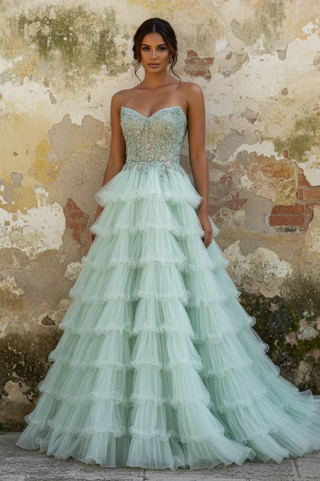 Princess Mint Green Tiered Tulle Prom Dress with Floral Embroidered Corset