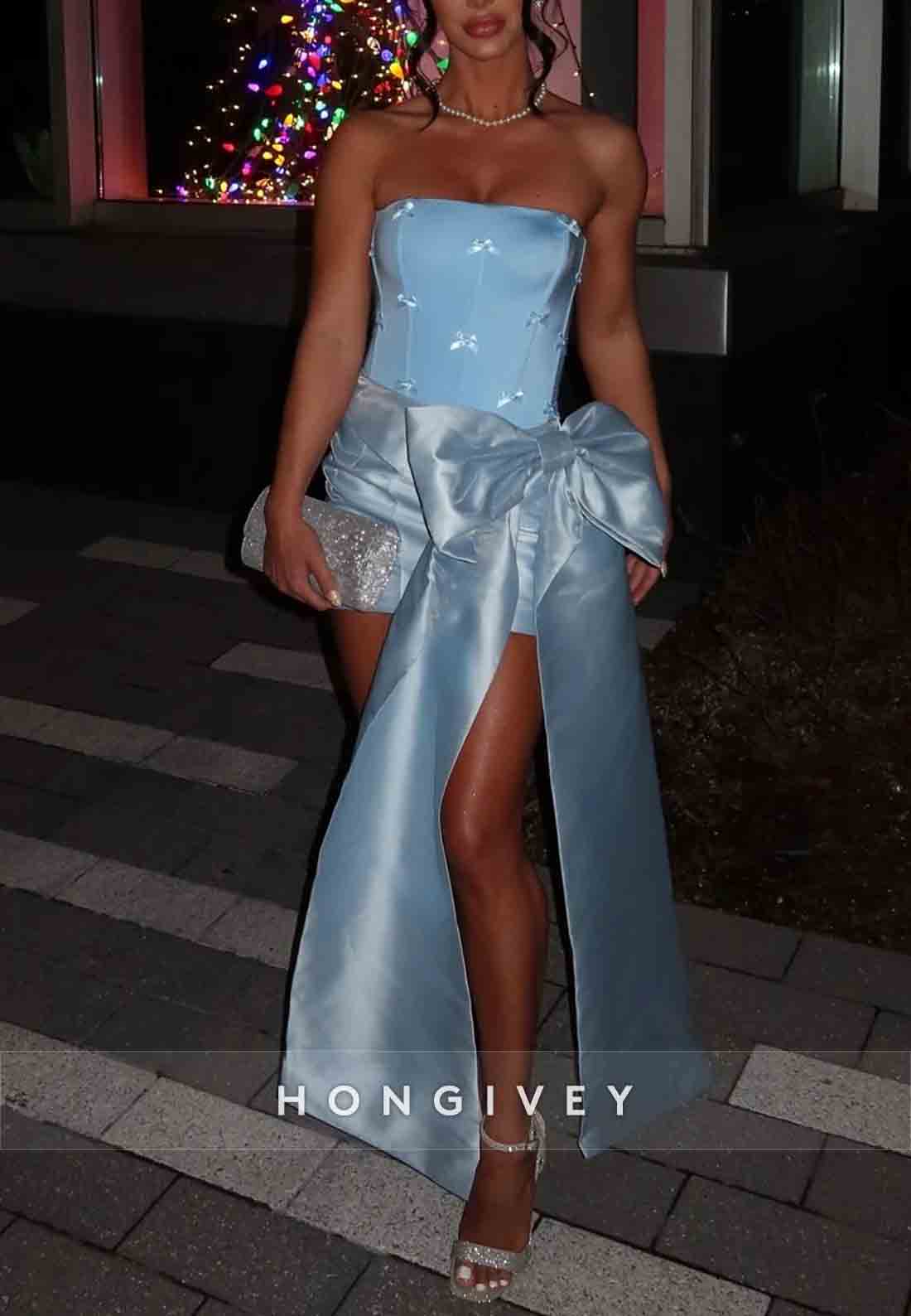 Sky Blue Sheath Strapless Party Dress Short Homecoming Dress with Satin Bowknot