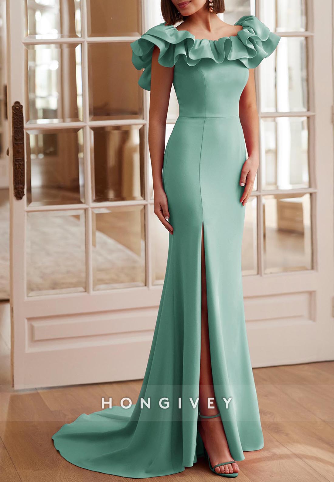 Princess Stylel Long Flounced Sleeve Mother of Bride Floor-Length Pleated Evening Gown