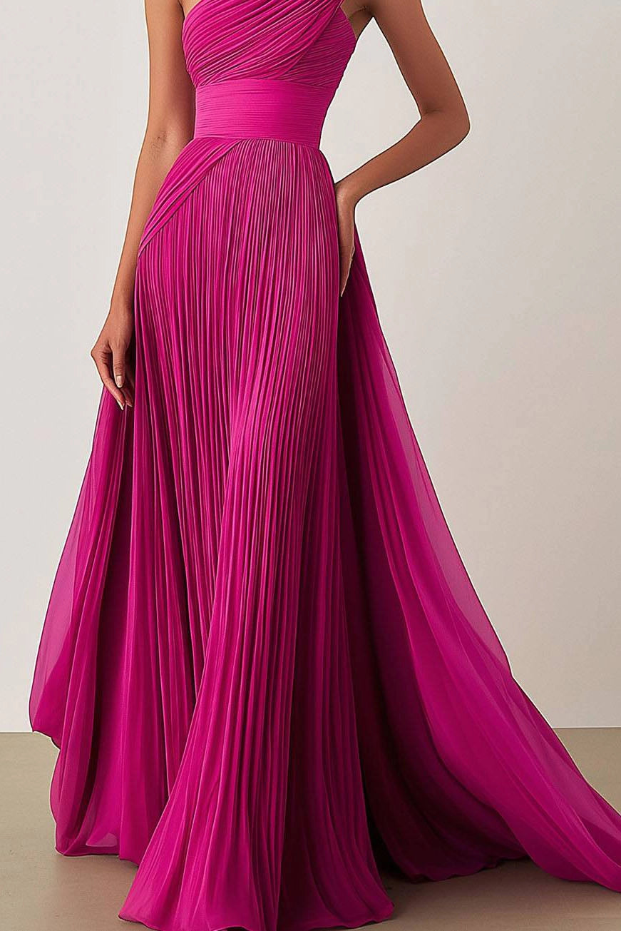 Prom Formal Pleated Dress Rose Color One Shoulder Floor-Length Dress