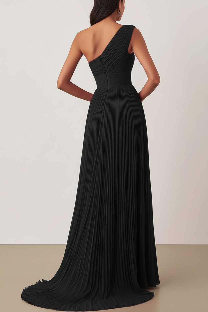 Prom Formal Pleated Dress Rose Color One Shoulder Floor-Length Dress