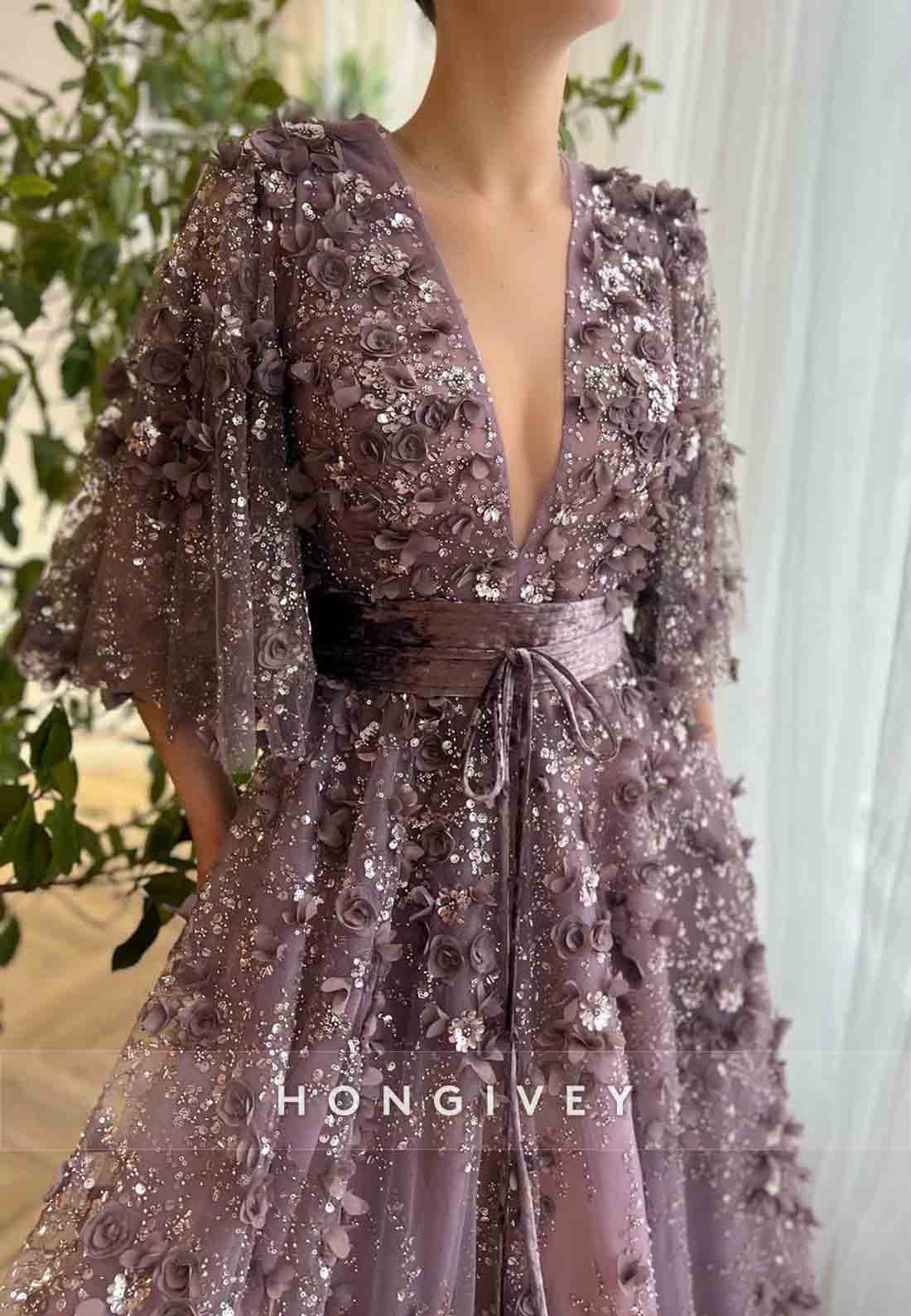 Purple Low V-Neck A-Line Evening Gowns with Flutter Sleeves and Embroidery