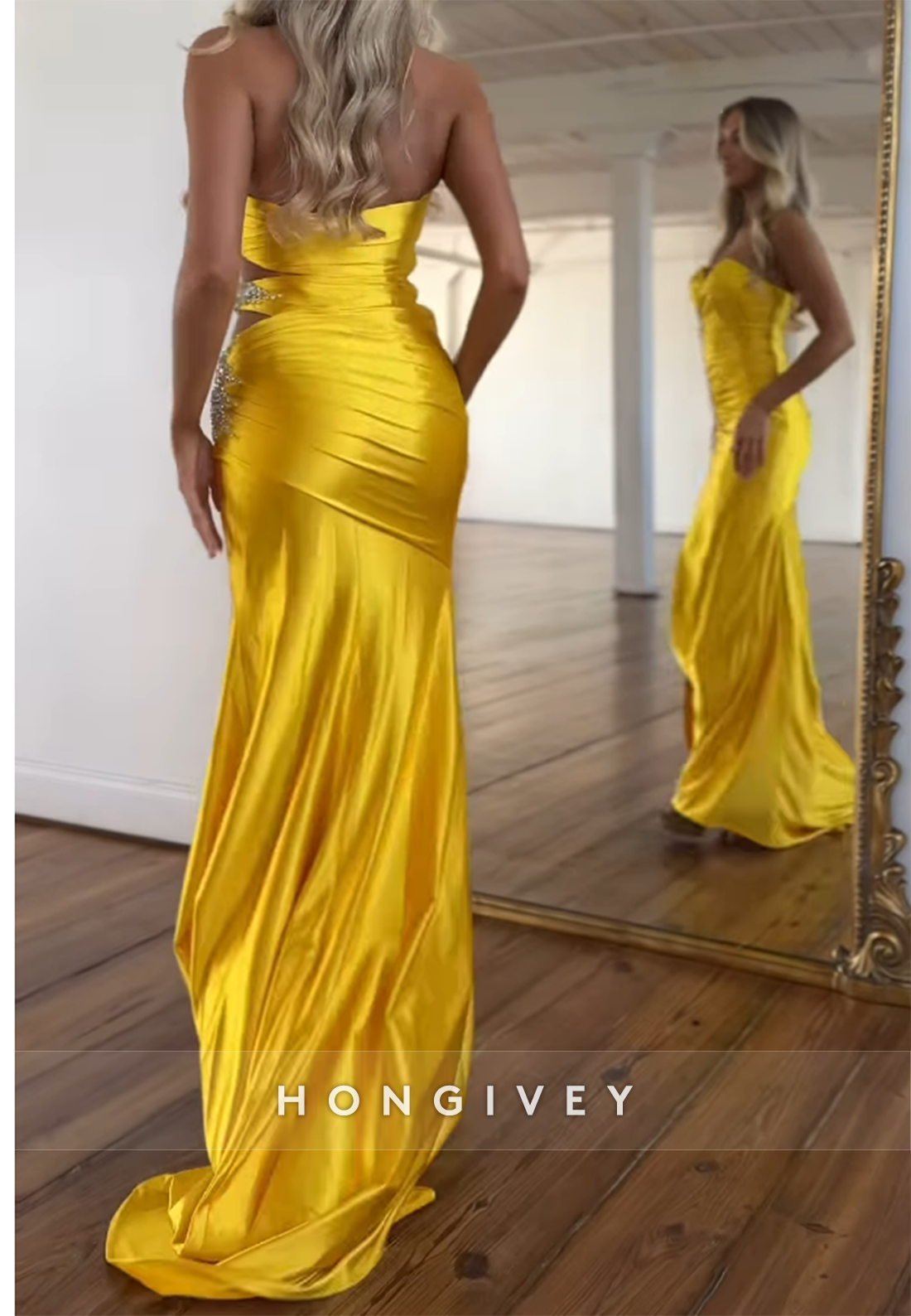 Sweetheart Rhinestone Pleats Formal Guest High Slit Prom Dresses