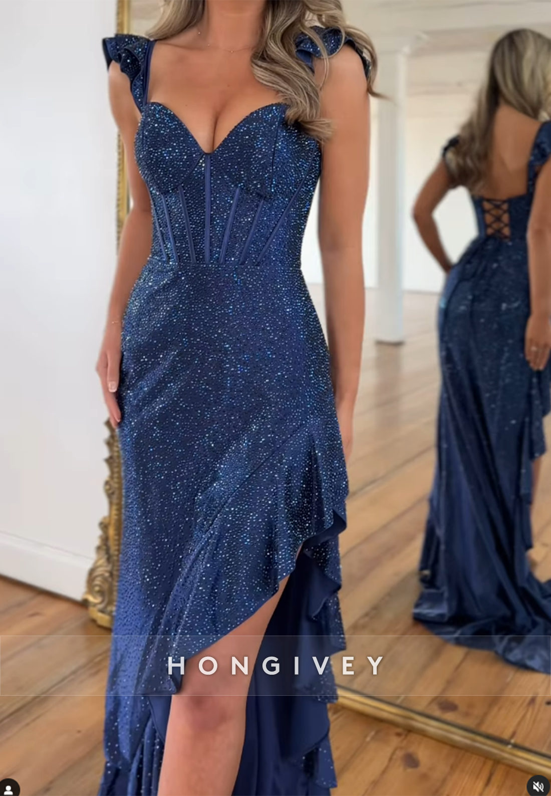 Fully Sequined Strap Side Slit Guest Prom Dresses with Sweep Train