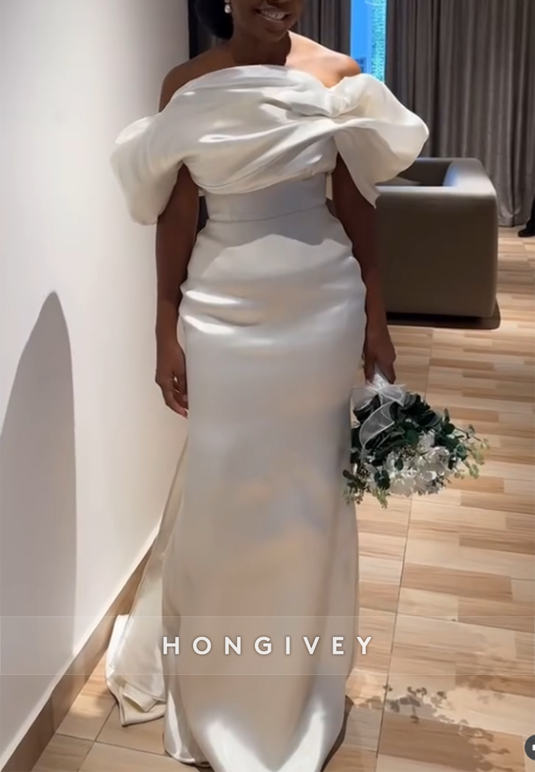 Pleated Satin Trumpet Off the Shoulder Floor-Length Wedding Dresses