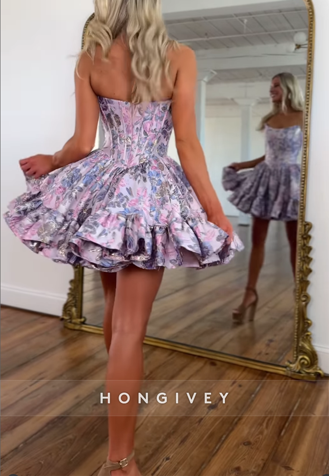 Floral Print Strapless Low Back Short Pleated Ball Gown Empire Homecoming Dresses