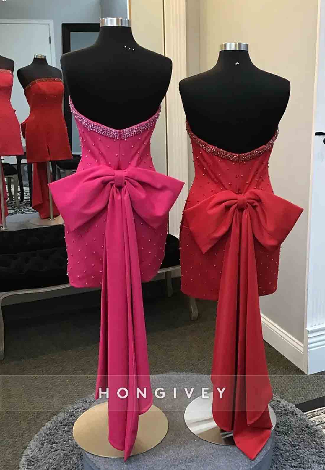 Strapless V-Neck Side Slit Sheath Homecoming Dresses with Back Bowknot