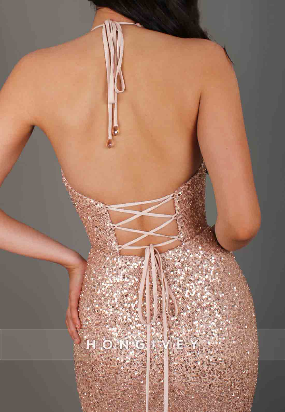 Trumpet Tie Back Sequined High Slit V-Neck Floor-Length Halter Prom Dresses