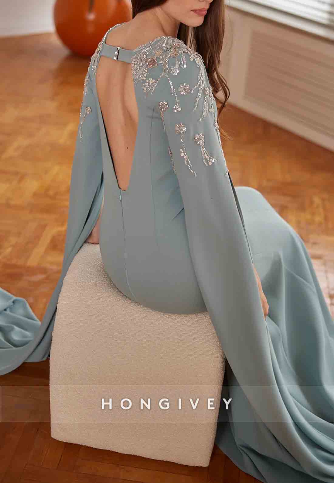 V Back Trumpet Evening Gowns Scoop Shoulder Flowers Evening Gowns