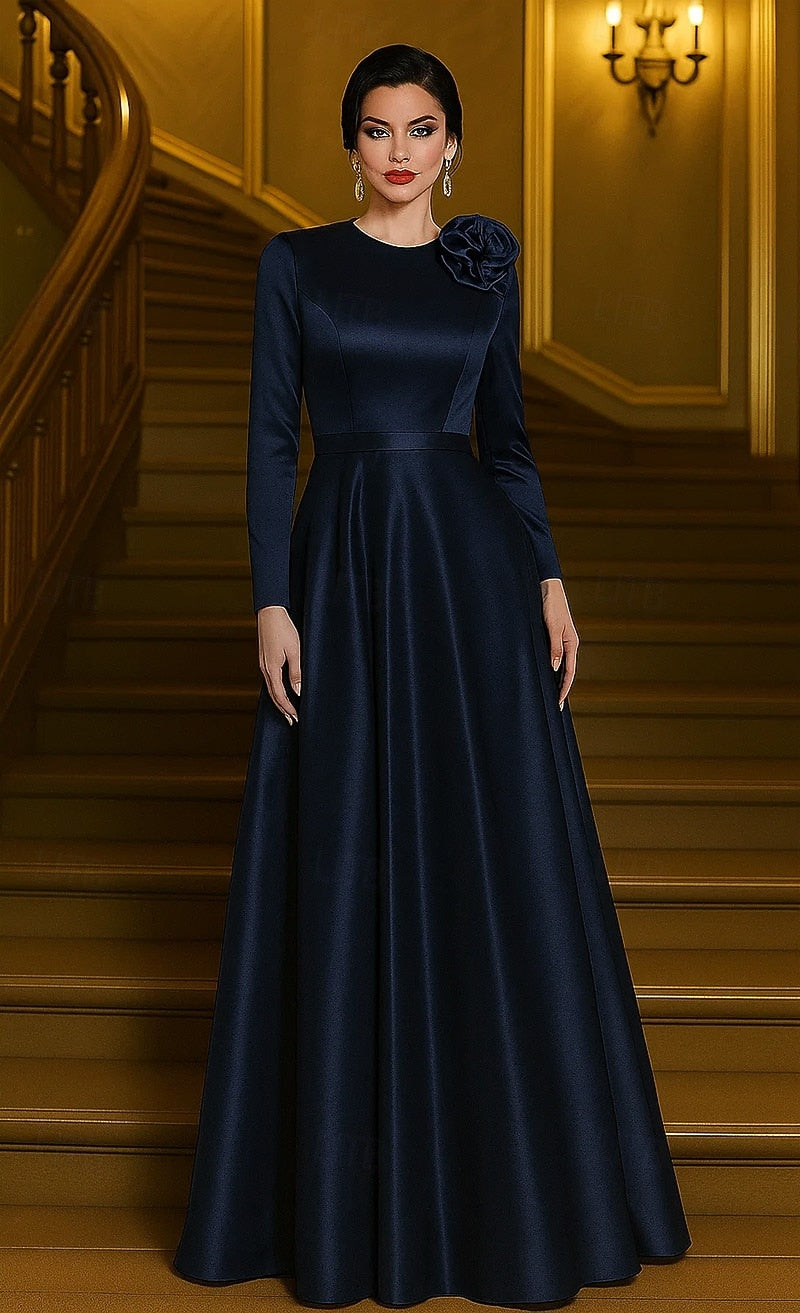 Flower O-Neck Long Sleeve A-Line Floor-Length Evening Dress