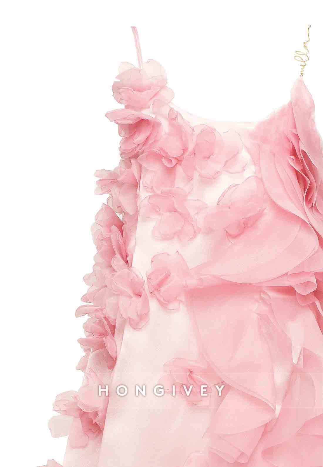 Romantic Spaghetti Straps Ruffled Pink Mini Dress with Rose Appliques