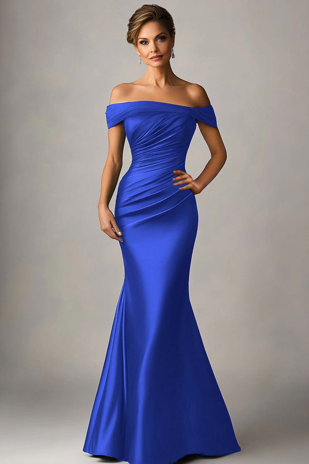 Peacock Blue Satin Mermaid Off The Shoulder Ruched Long Formal Dress