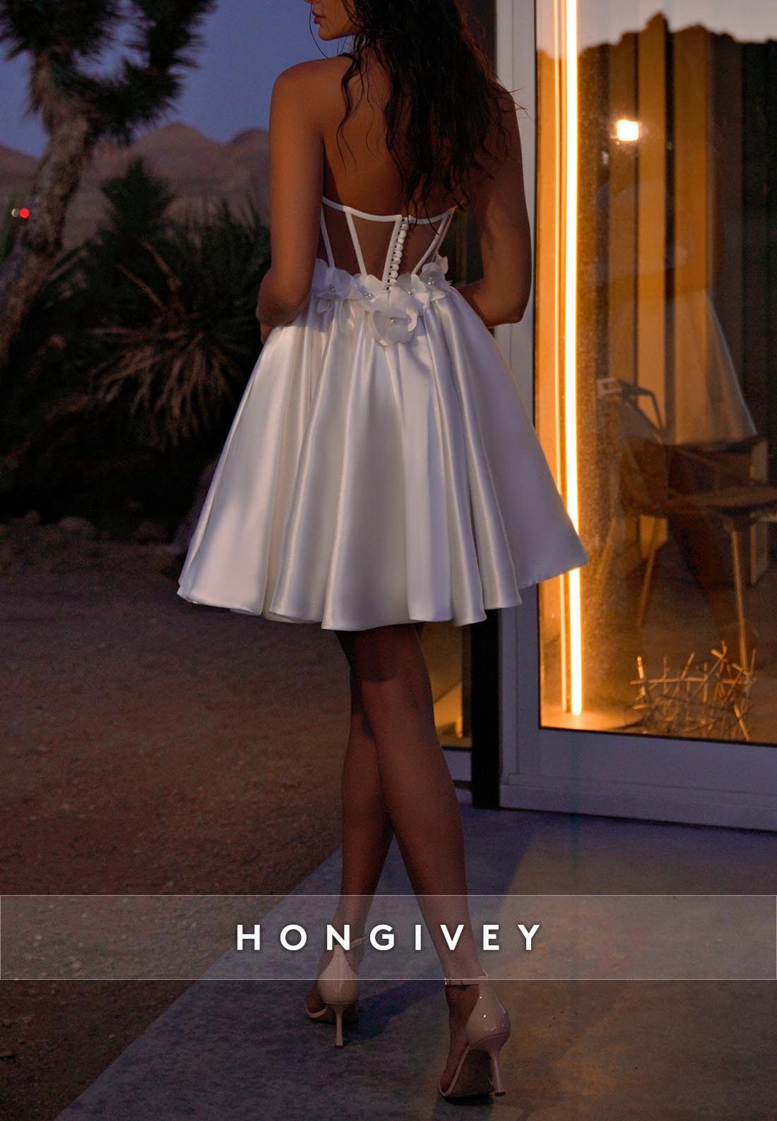 Satin Wedding Dresses Sweetheart Ladder Back Flowers Short Civil Wedding Dress