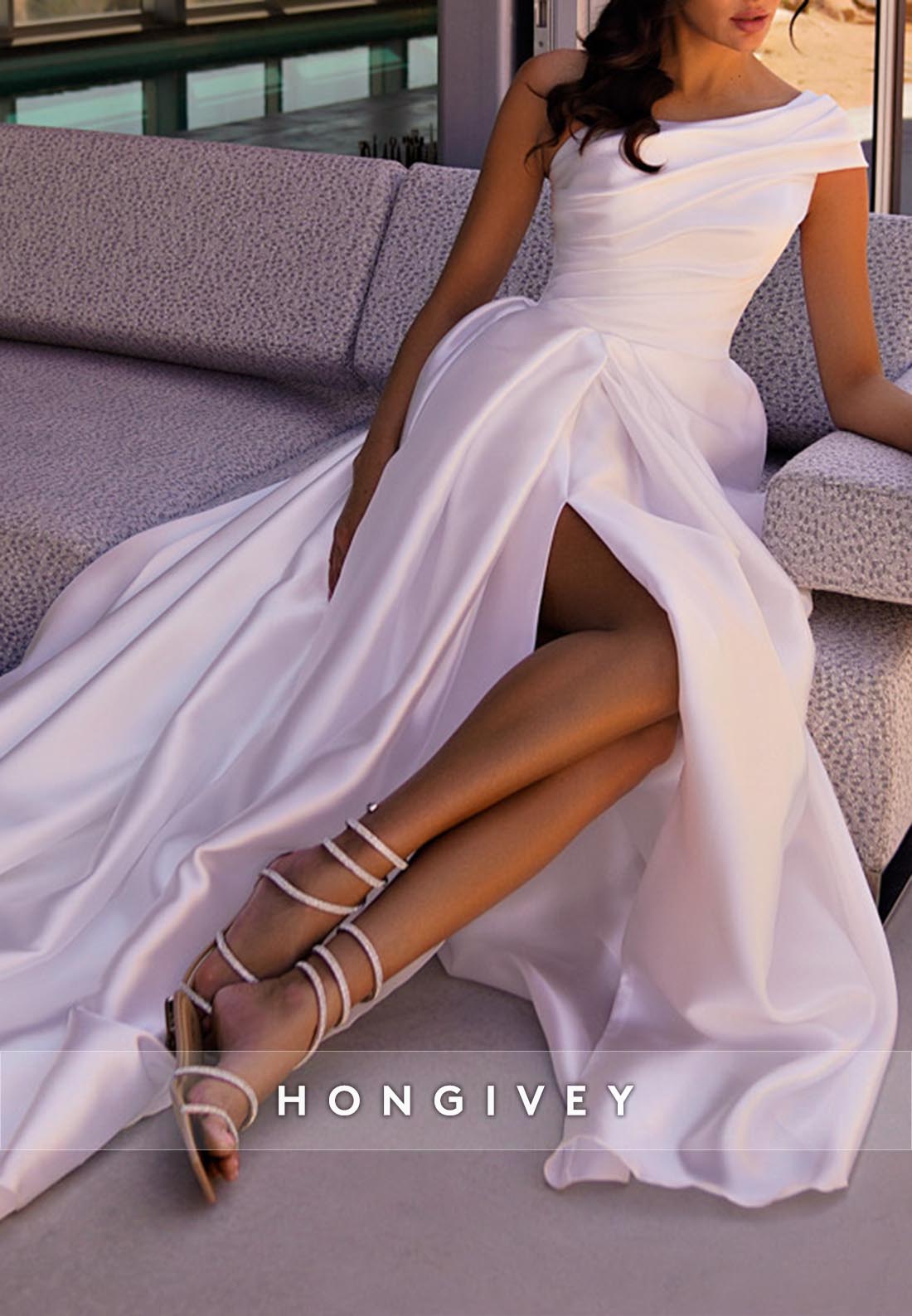 One Shoulder High Slit Simple Chapel Train Satin Pleated Wedding Dresses