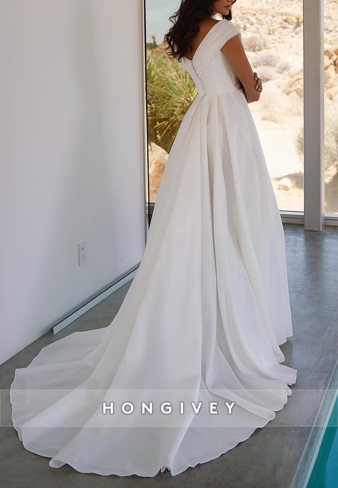 Cap Sleeves Chiffon High Slit V Neck Chapel Train Pleated Wedding Dresses