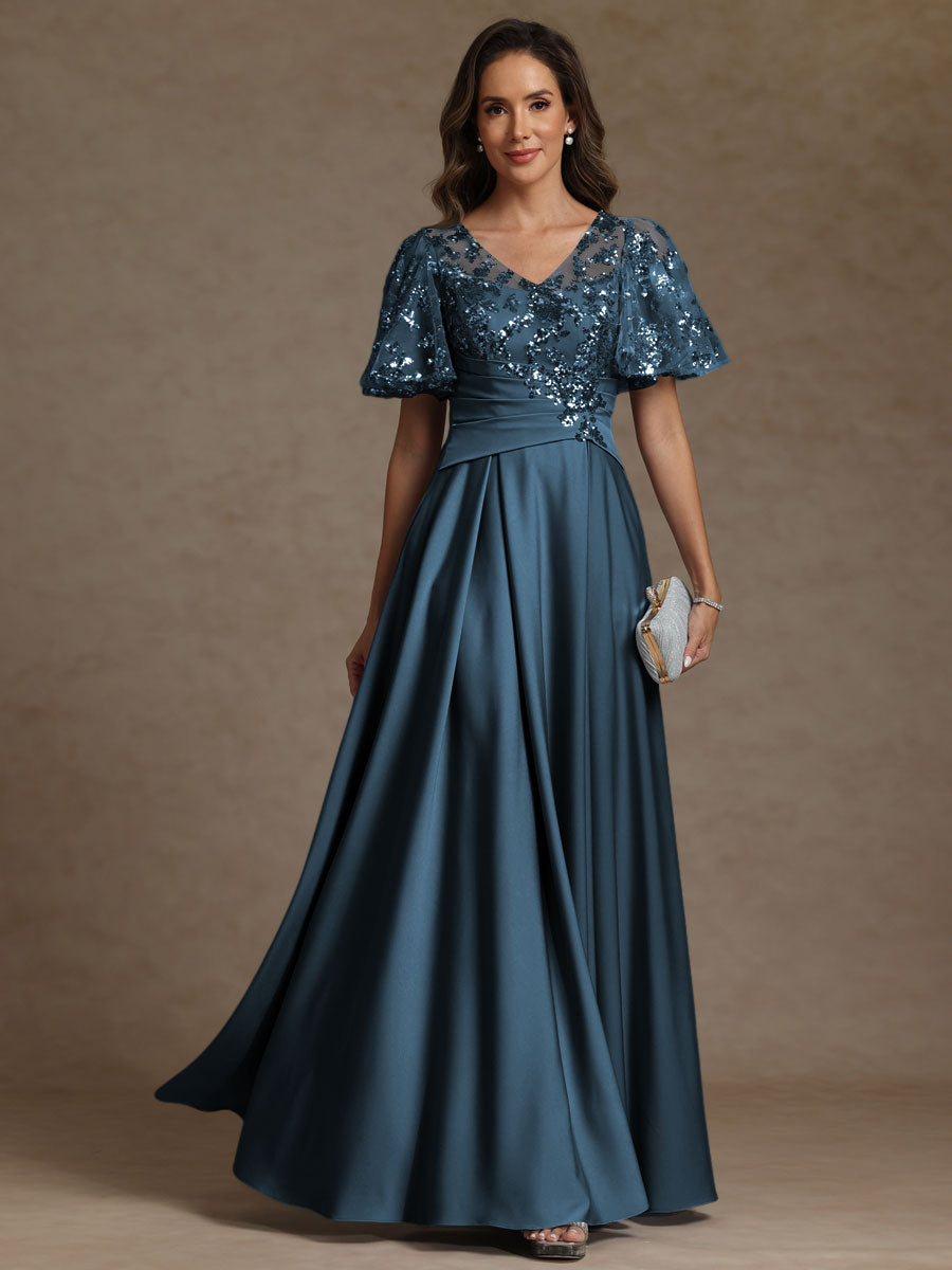 V-Neck Illusion Pleated Satin Floor-Length Mother of the Bride Dresses with Sequins