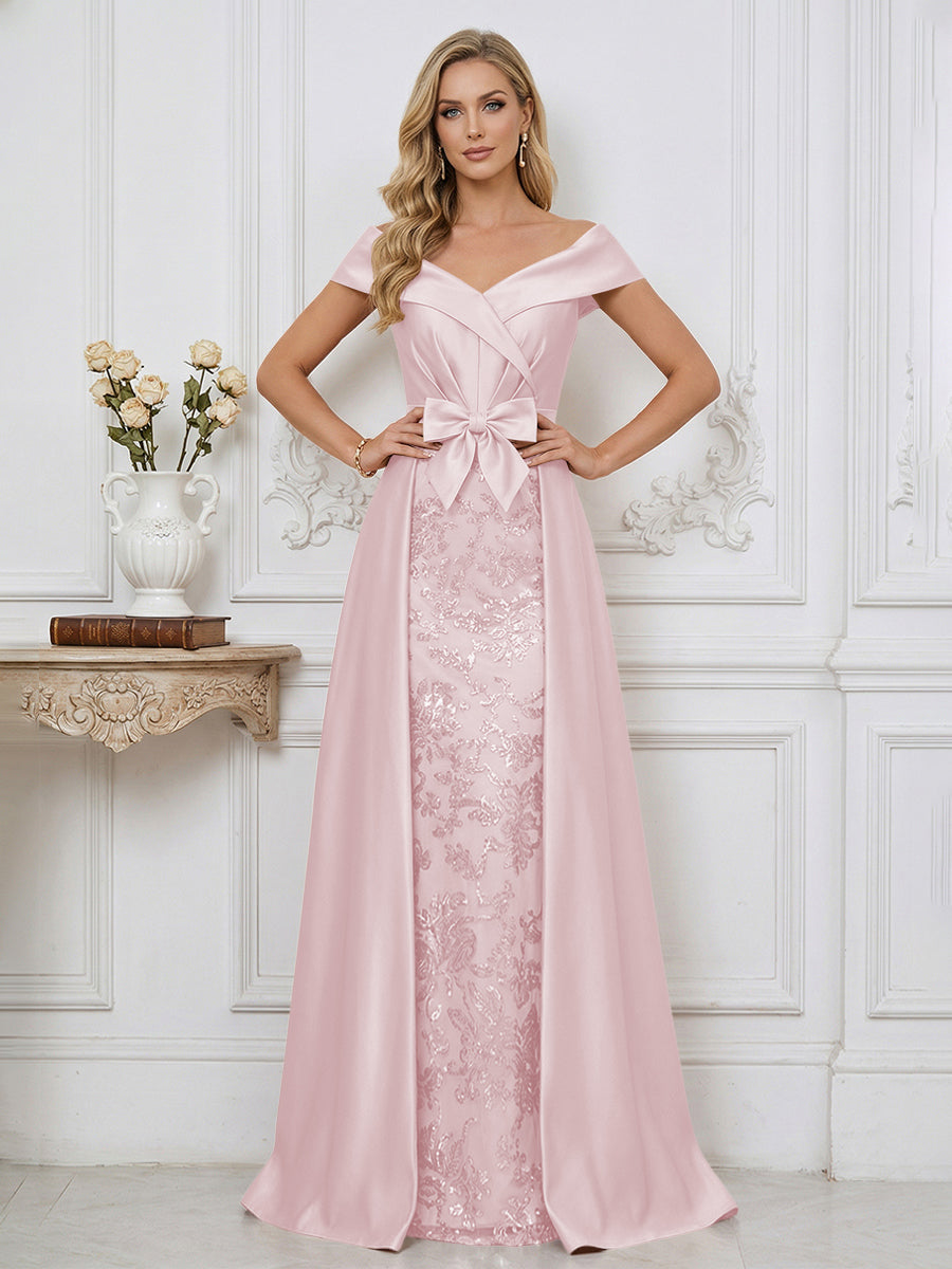 A Line Off Shoulder Ruched Elegant Mother of the Bride Dresses with Bow Appliques