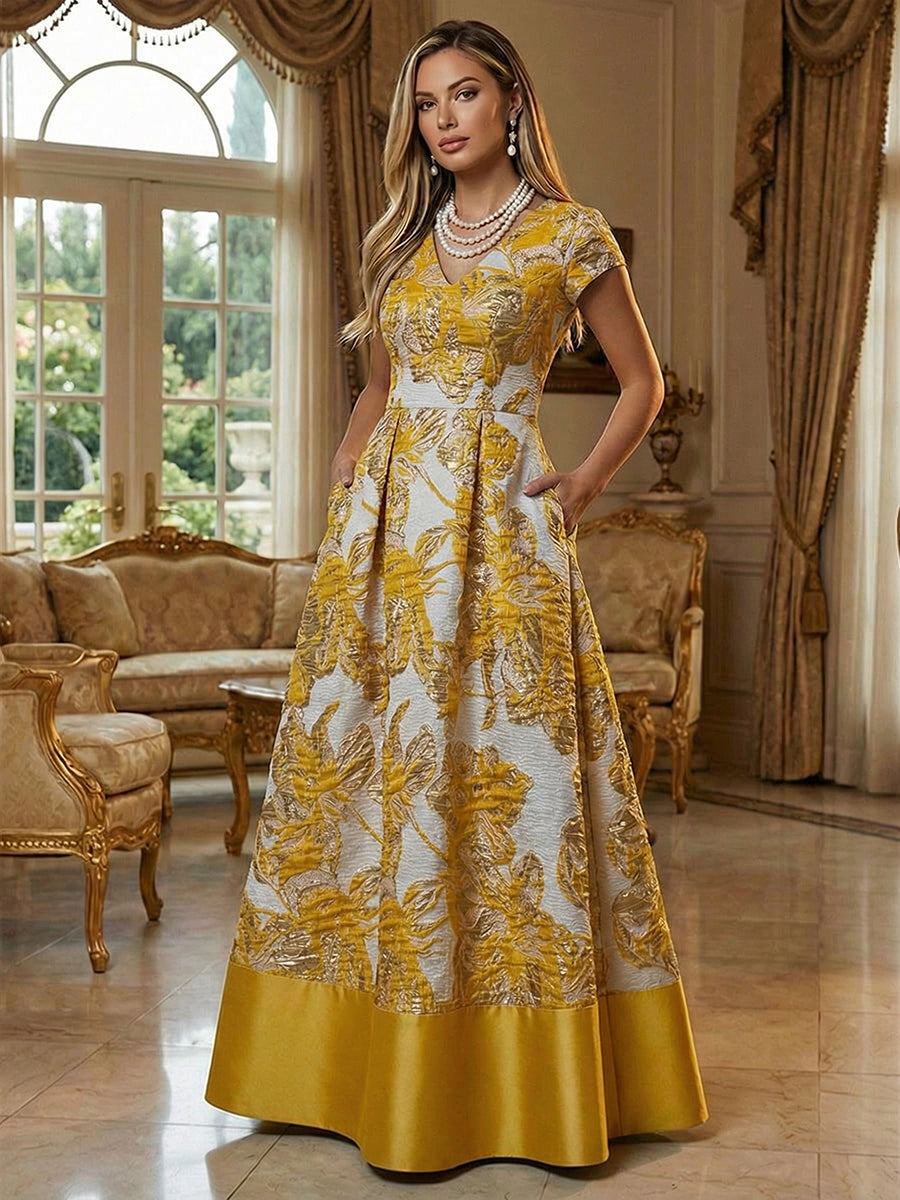 A-Line Floral Jacquard Floor-Length Mother of the Bride with V-Neck, Cap Sleeves