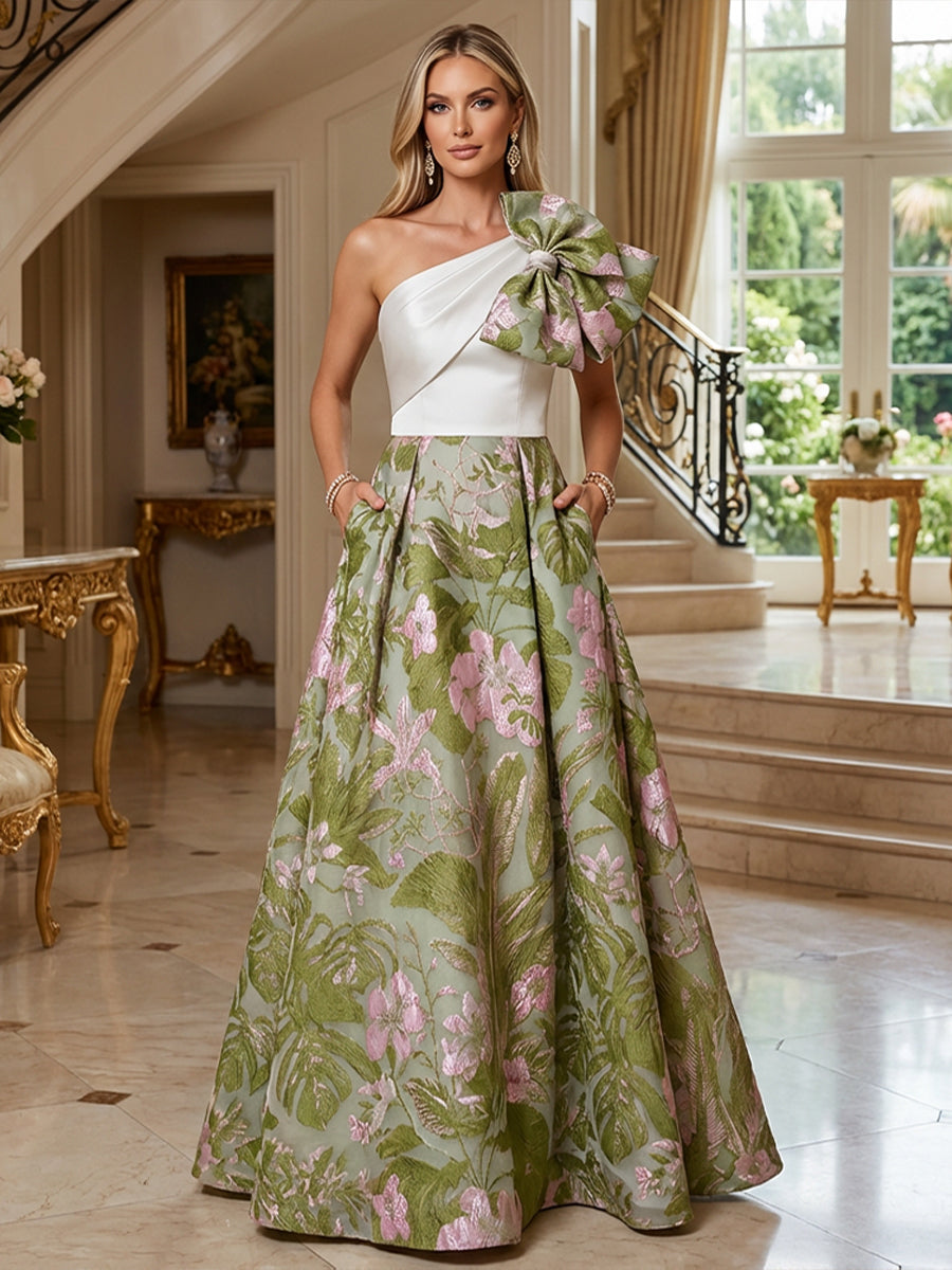 A-Line Floral Jacquard One Shoulder Mother of the Bride Floor-Length Evening Gowns with Bow Dusty Sage