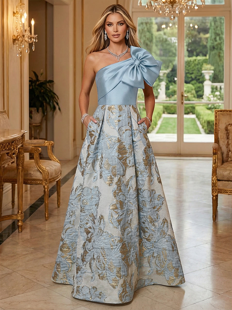 Floral Jacquard One Shoulder A-Line Mother of the Bride Floor-Length Evening Gowns with Bow Pockets