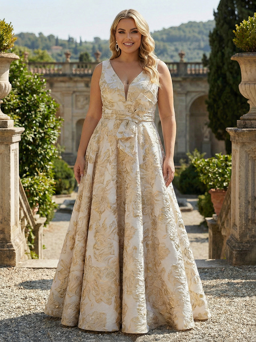 Sleeveless V-Neck Jacquard Satin Mother of the Bride Dresses