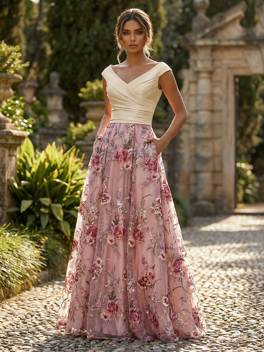 A-Line Floral Jacquard Floor-Length Mother of the Bride with Ruched Satin Bodice