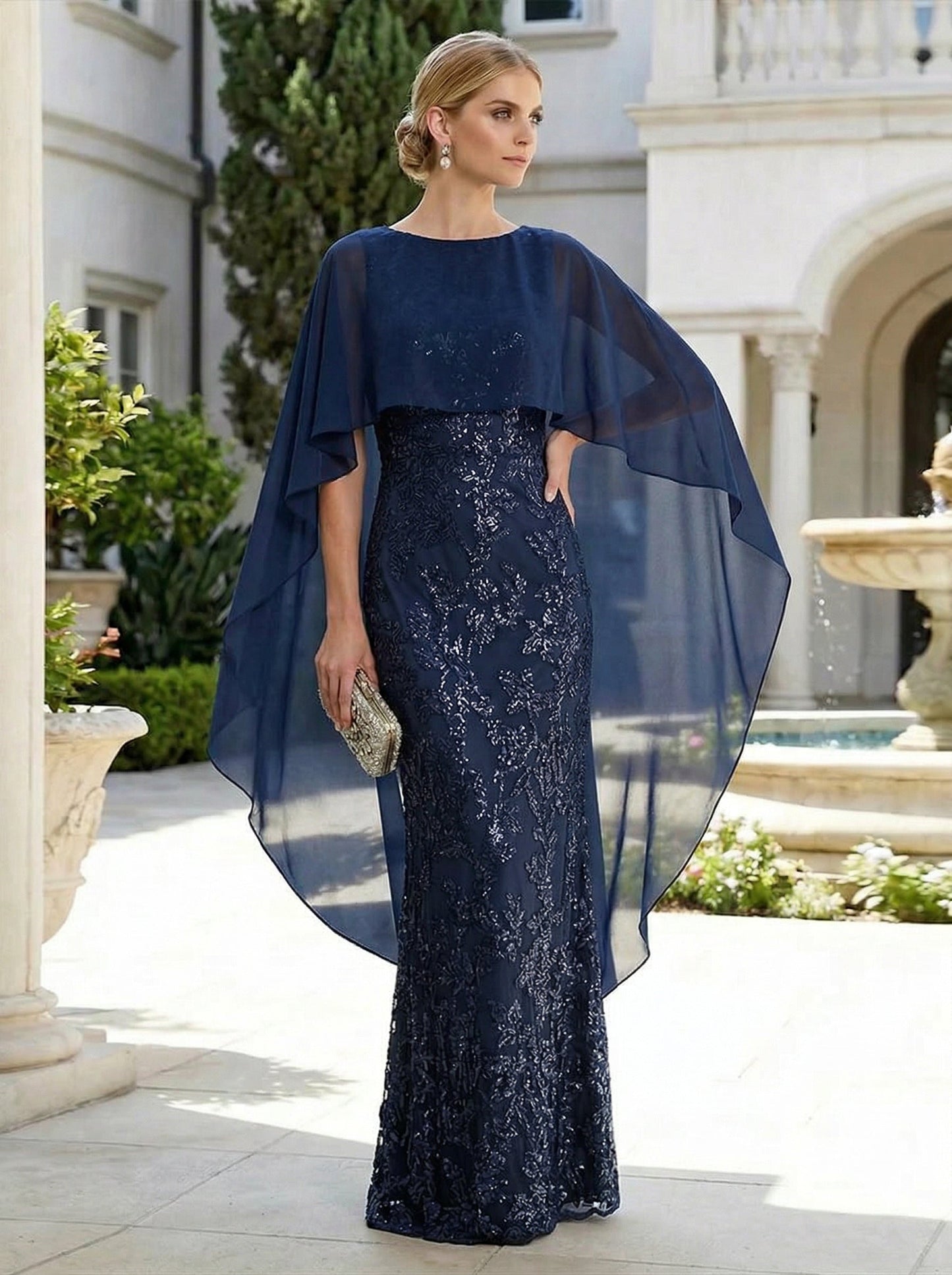 Sheath 3D Floral Embellished Lace Floor-Length Mother of the Bride with Chiffon Capelet Sleeves