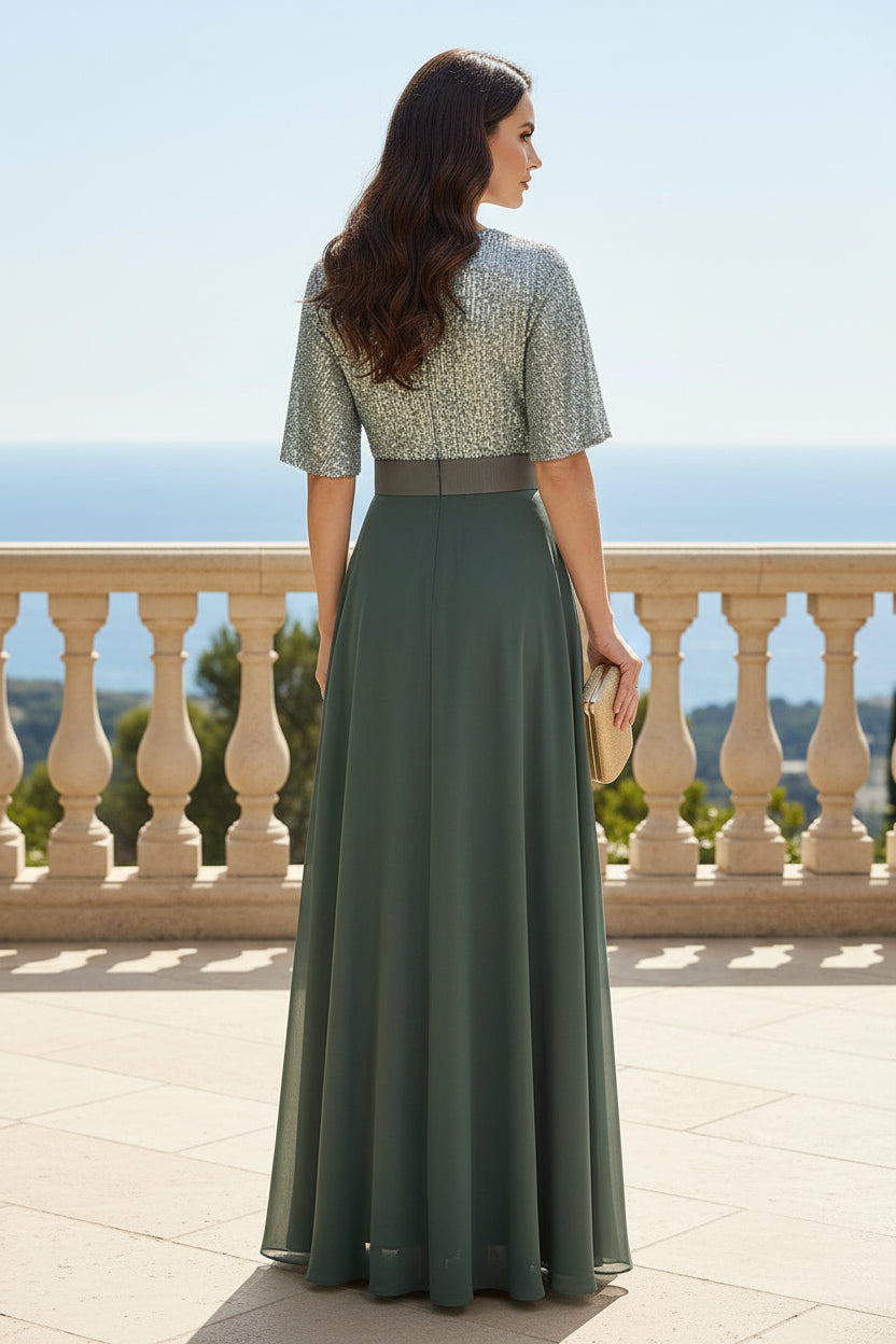Elegant A-Line Chiffon Short Sleeves Pleated Mother of the Bride with Glitter Bodice & Belt