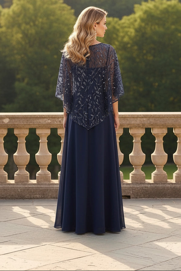 A-Line Chiffon Cape Sleeves Floor-Length Mother of the Bride with Floral Sequin Bodice