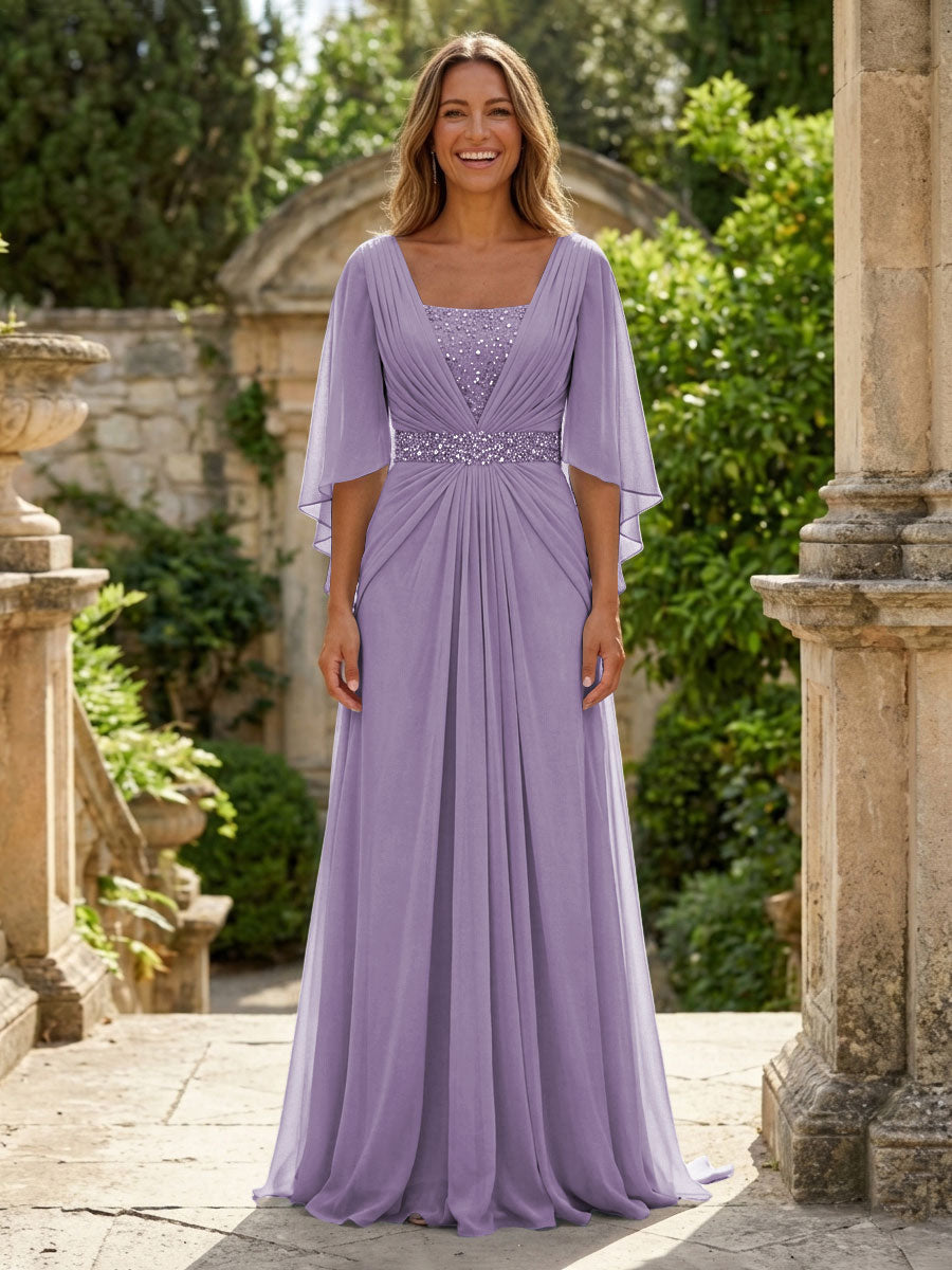 A-Line Chiffon Pleated Long Mother of the Bride with 3/4 Flutter Sleeves Sequin Waist