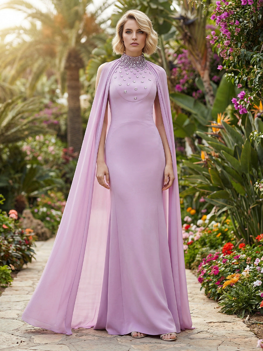 Chiffon High Neck Floor-Length Mother of the Bride with Rhinestones