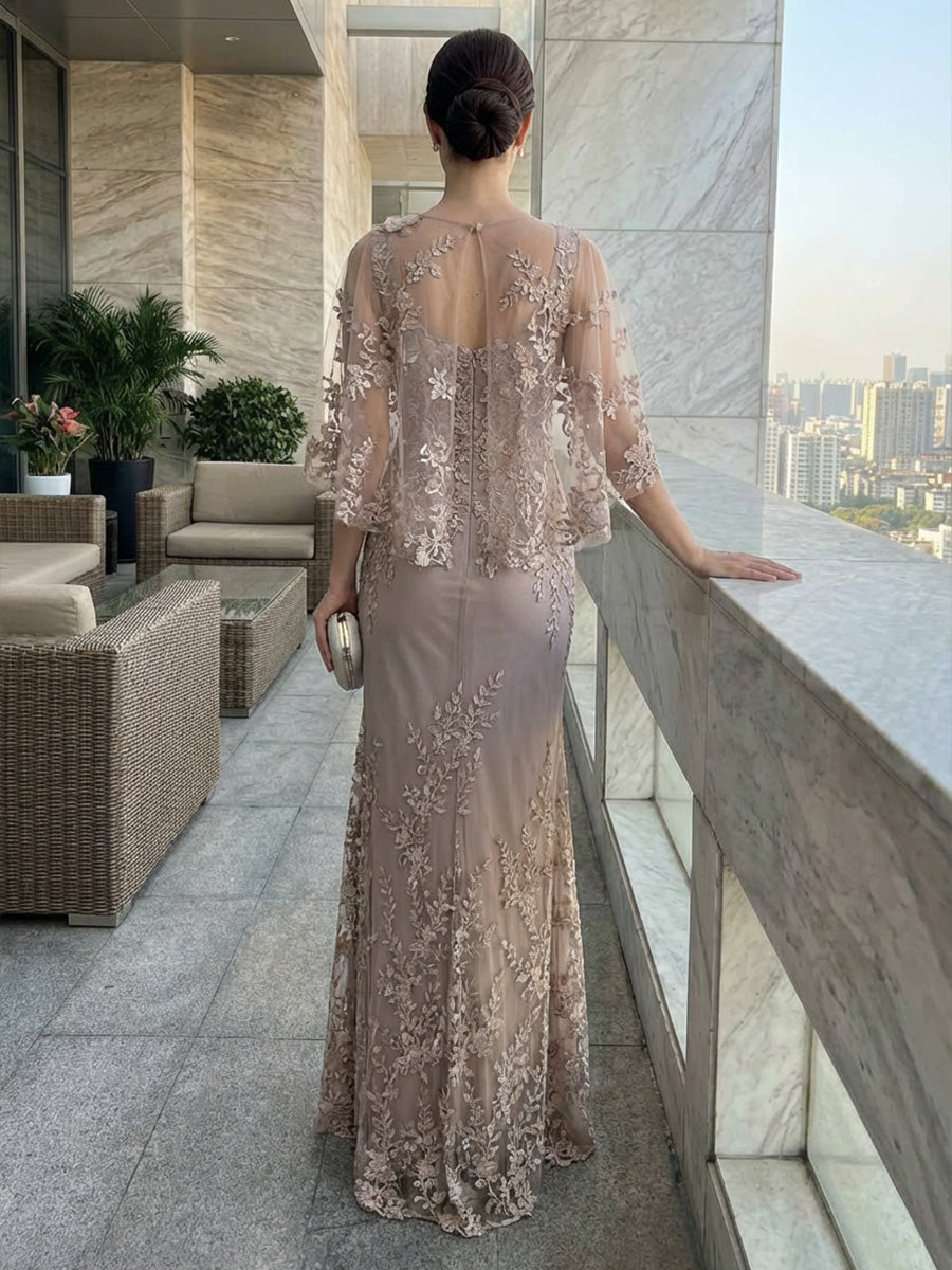 Lace Appliques Illusion Floor-Length Mother of the Bride with Cape