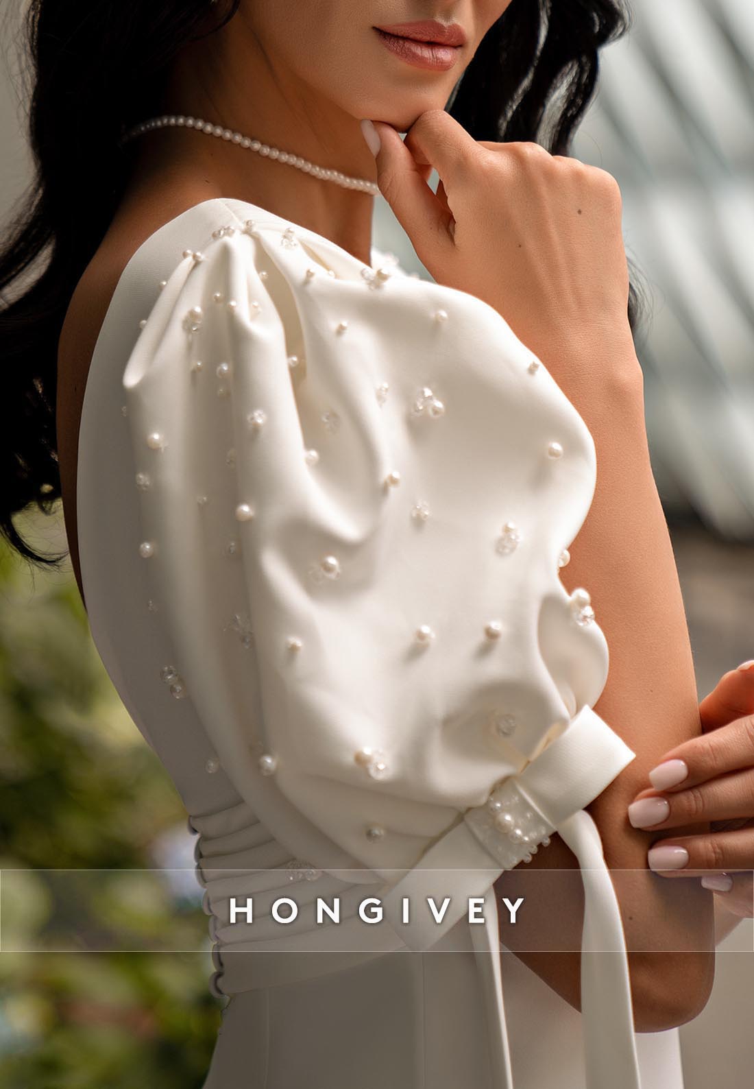 Trumpet Chapel Train V Neck Half Sleeve Pleated V Back Beading Wedding Dresses