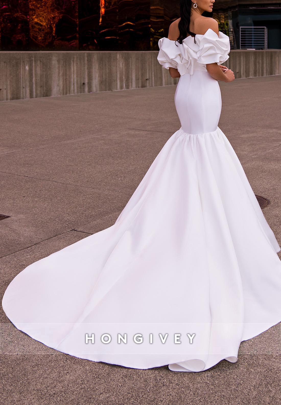 White Pleated Off the Shoulder Sheer Chapel Train Trumpet Wedding Dresses