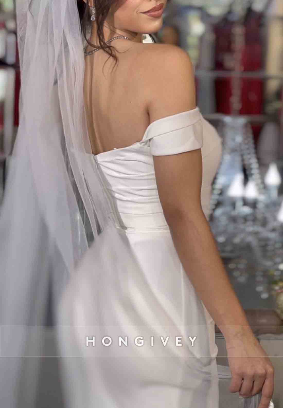 Side Slit Sweetheart Off the Shoulder Pleated Floor-Length Mermaid Wedding Dresses