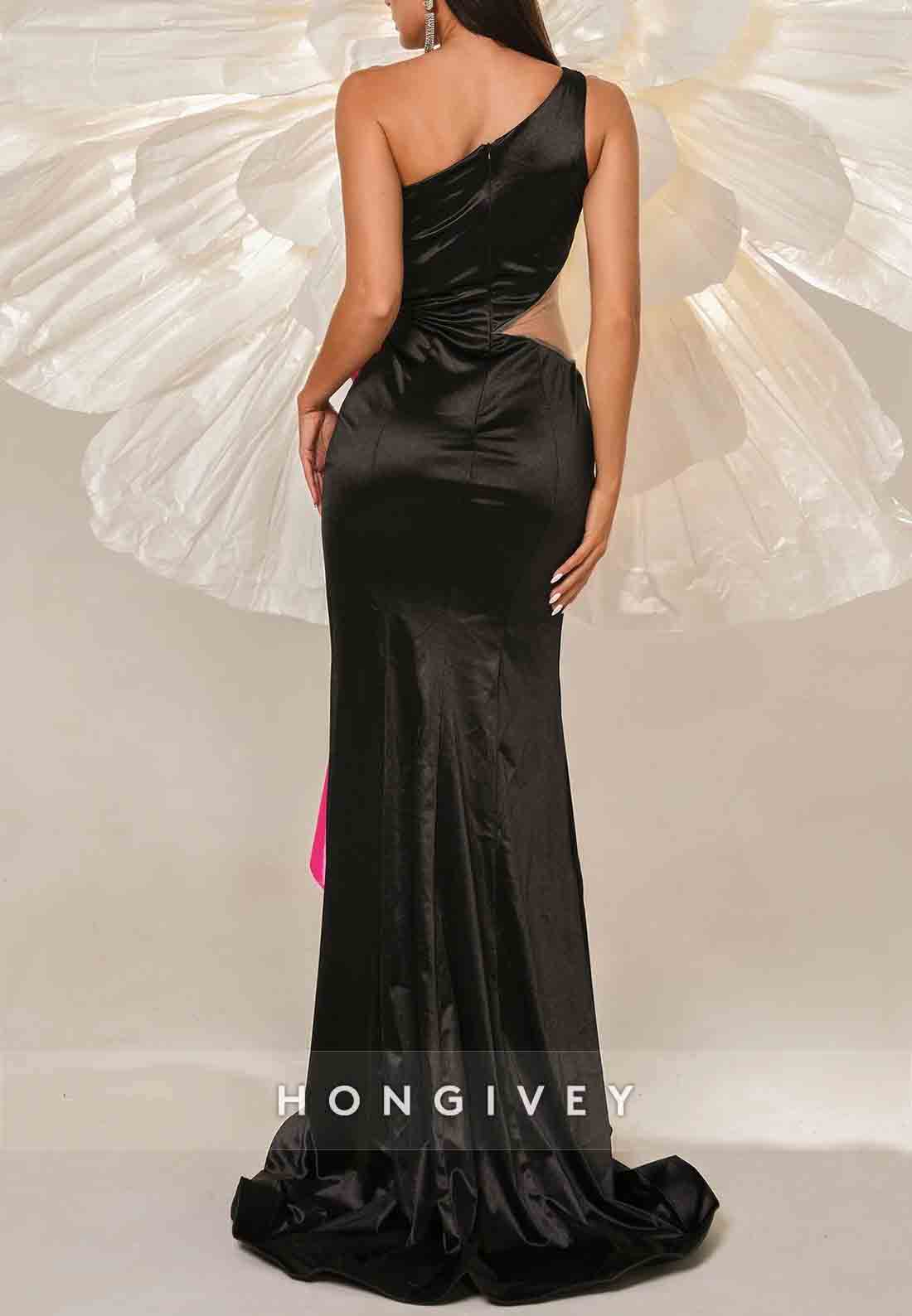 High Slit Evening Gown Trumpet Sweep Train One Shoulder Sleeveless Bowknot