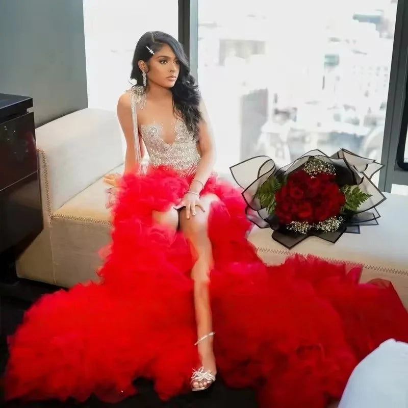 Customized African Red Mermaid Prom Dresses 2026 For Black Girls Silver Crystal Beaded High Slit Ruffles Party Gown Soirée