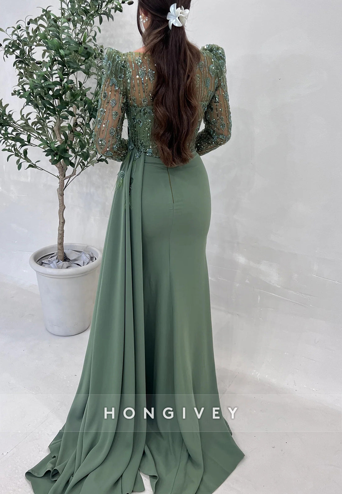 Sheath Sweep Train Scoop Pleated Beading Formal Evening Dresses