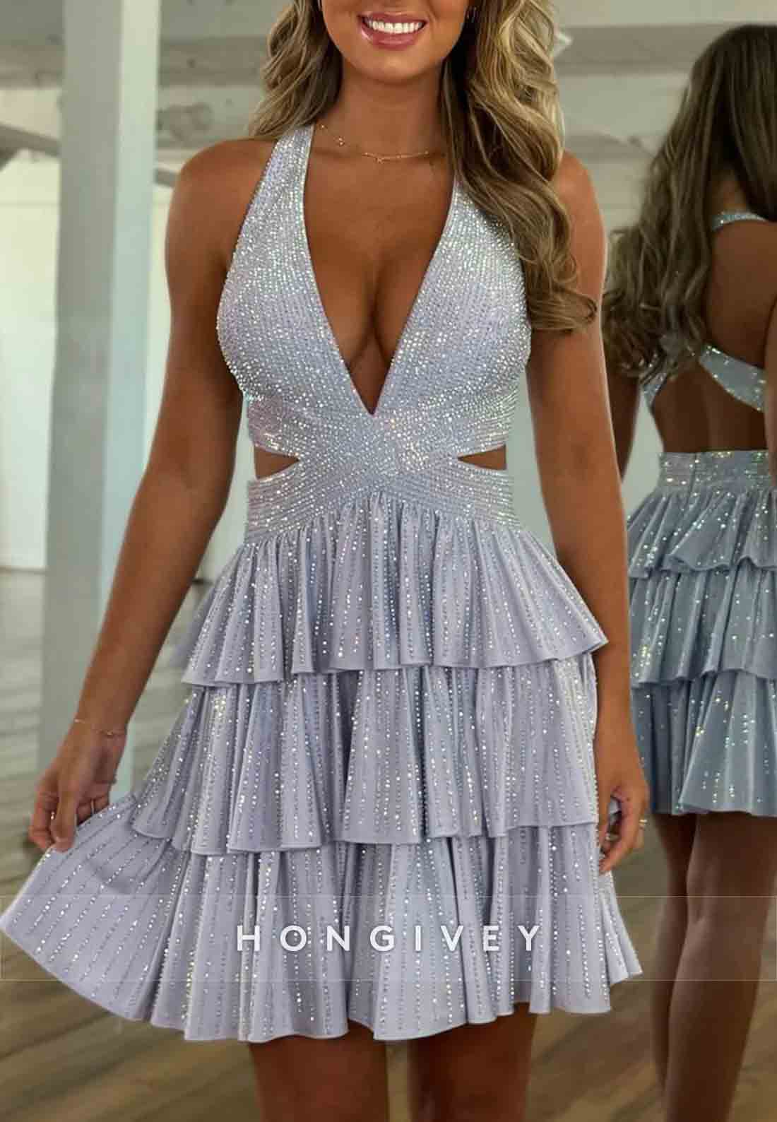 Low V-Neck Halter A-Line Ruched Crisscross Back Sleeveless Short Homecoming Dresses
