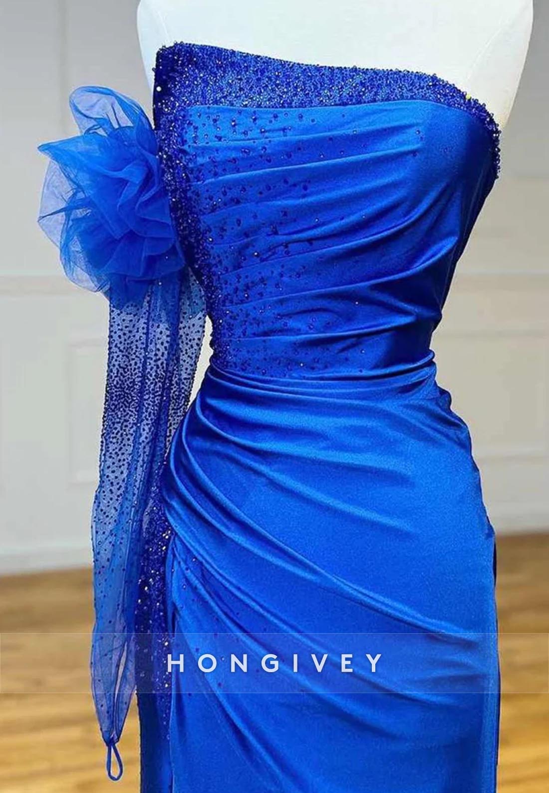 Royal Blue Floral Embossed Crystal Beaded Mermaid Holiday Dresses with High Slit