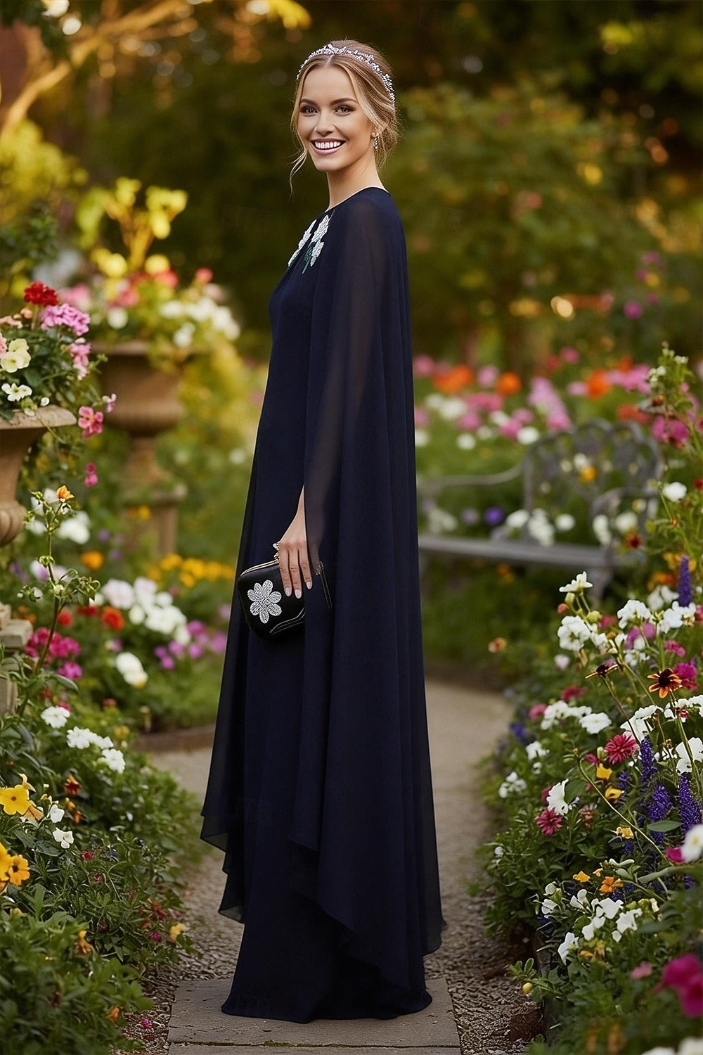 Dark Navy Cape Sleeve Applique Mermaid Formal Evening Dress