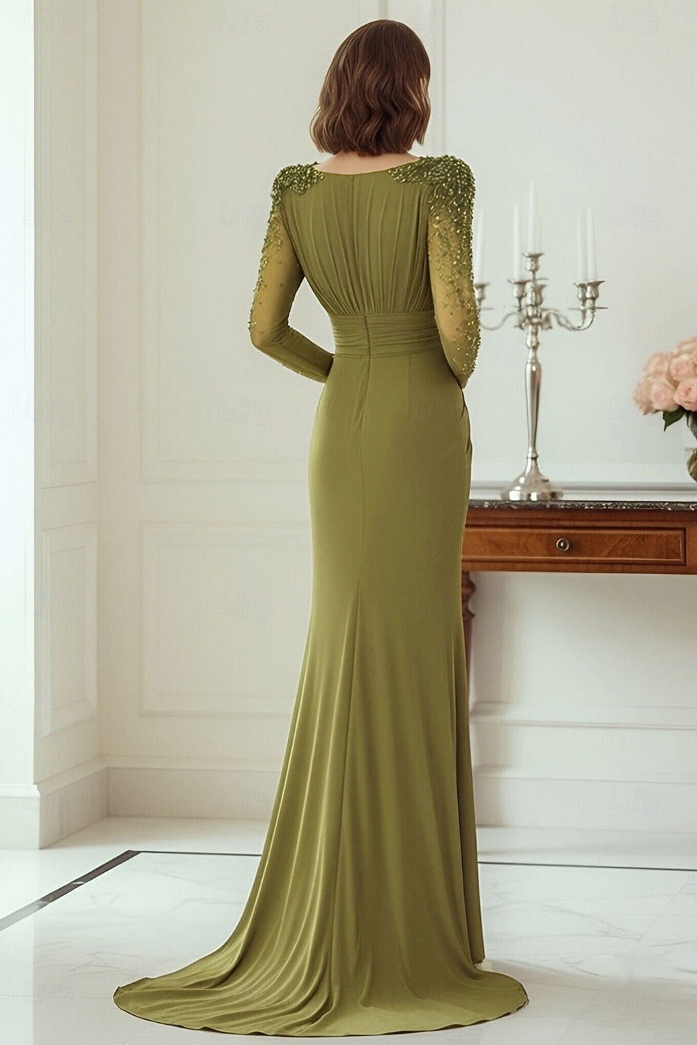Elegant Long Sleeve Formal Mermaid Beaded Side Slit Evening Dress